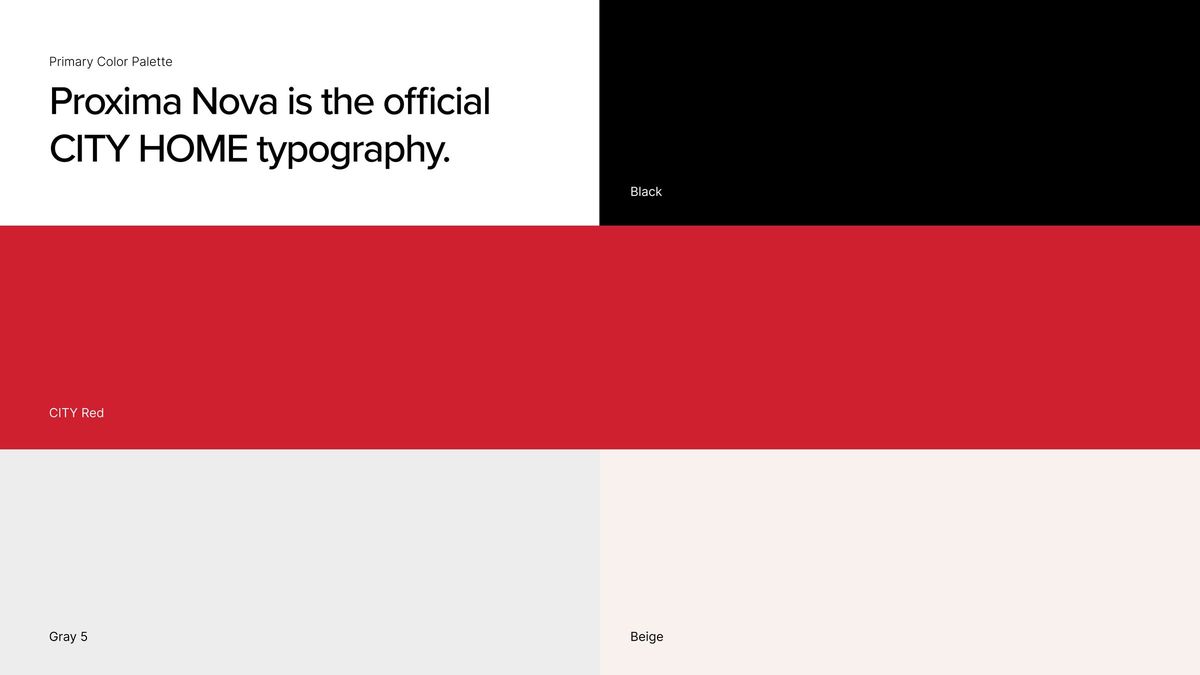 CITY HOME color palette: black, CITY red, gray and beige