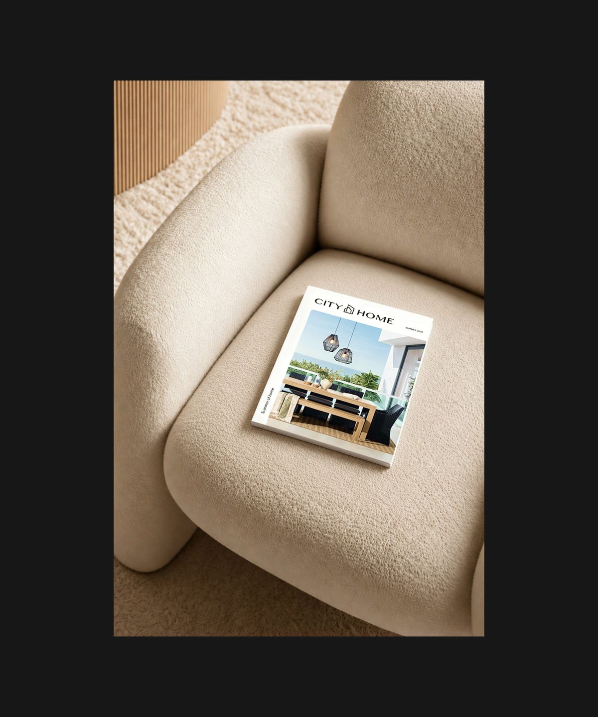 Summer catalog resting on an upholstered chair